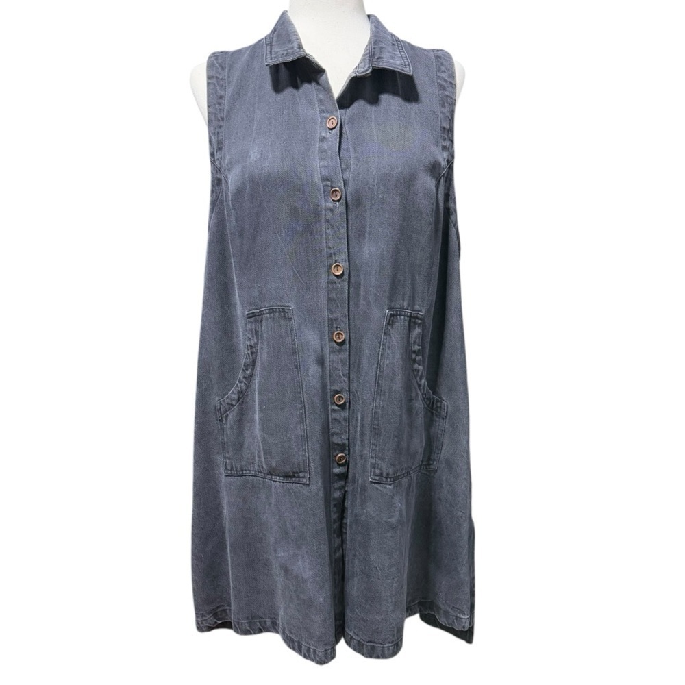 Citron Bleu Tencel Sleeveless Shirt Dress Size M Denim Chambray Minimalist Black